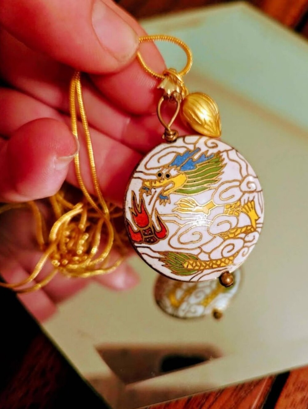 Gold-Tone Cloisonné Dragon Pendant Necklace - White & Green